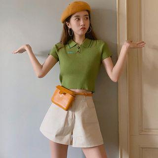 Set: Short-sleeve Knit Polo Shirt + High-waist Shorts