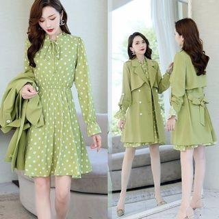Set: Dotted Long-sleeve A-line Skirt + Double-breasted Long Trench Coat