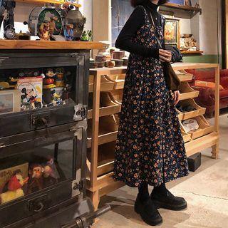 Set: High Neck Plain T-shirt + Floral Print Midi Pinafore Dress