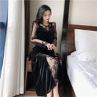 Set: Long-sleeve Lace Top + Spaghetti-strap A-line Dress