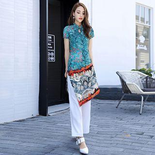 Set: Short-sleeve Printed Dress + Pants