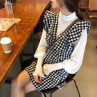 Smocked Cuff Blouse / Plaid Pinafore Dress