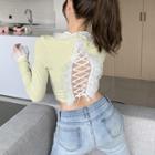 Long-sleeve Lace Button-up Slim-fit Top As Figure - One Size