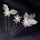 Wedding Faux Pearl Leaf Hair Stick Set Of 3 - Silver - One Size