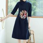 Elbow-sleeve Traditional Chinese Embroidered A-line Dress