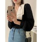 Color Block Lapel Ruched Puff-sleeve Top
