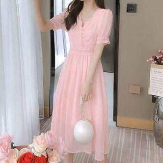 Short-sleeve Lace Trim Chiffon A-line Midi Dress