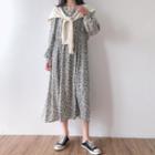 Set: Floral Long-sleeve Midi A-line Dress + Knit Shawl