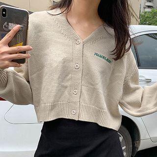 Lettering Embroidered Button-up Cardigan