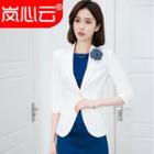 3/4-sleeve Single-button Blazer / Crew-neck Sleeveless Sheath Dress / Flower Brooch / Set