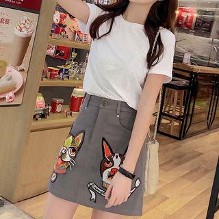Set: Short-sleeve T-shirt + Embroidered A-line Mini Skirt