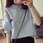 Elbow-sleeve Striped Shirt Stripe - Black & Gray - One Size