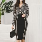Set: Leopard Print Blouse + Contrast Trim Pencil Skirt