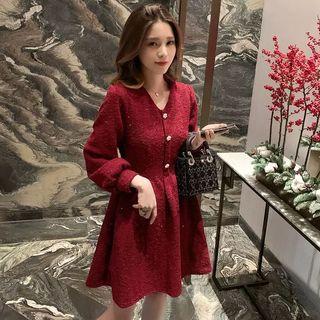 Glitter Balloon-sleeve A-line Mini Dress