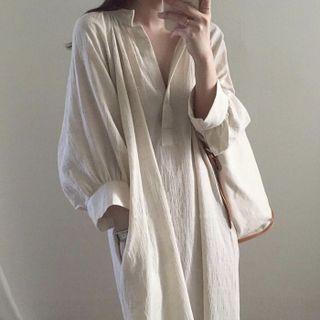 Long-sleeve Midi A-line Plain Dress