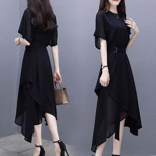 Plain Short-sleeve Irregular Chiffon Dress With Sash