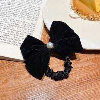 Bow Faux Pearl Hair Tie 01 - Black - One Size