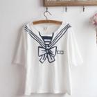 Short-sleeve Sailor Print T-shirt / Embroidered A-line Midi Skirt / Set