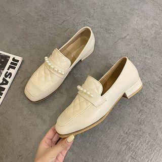 Faux Pearl Quilted Block Heel Loafers