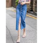 Button-fly Deep-slit Long Denim Skirt