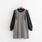 Mock Two-piece Houndstooth Long-sleeve Dress Black & White - One Size
