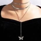 Butterfly Pendant Layered Alloy Choker Necklace 17447 - Silver - One Size
