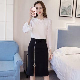 Set: Crochet Trim 3/4 Sleeve Top + Zip Front Skirt