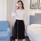 Set: Crochet Trim 3/4 Sleeve Top + Zip Front Skirt
