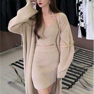 Open Front Midi Cardigan / Knit Camisole / Mini Pencil Skirt