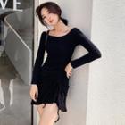 Off-shoulder Plain Drawstring Slim Dress