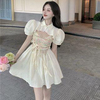 Puff-sleeve Collar Shrug / Spaghetti-strap Mini A-line Dress