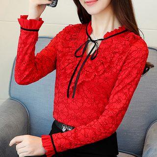 V-neck Ruffle Trim Lace Blouse