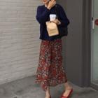 Plain Sweater / Floral A-line Midi Skirt