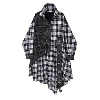 Plaid Panel Asymmetric Shirt Black - One Size
