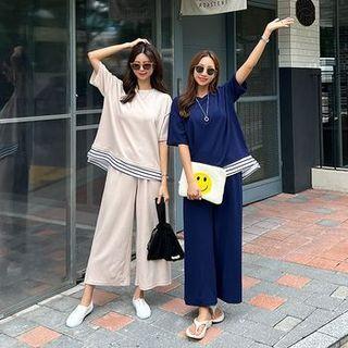 Set: Stripe-panel T-shirt + Wide-leg Pants