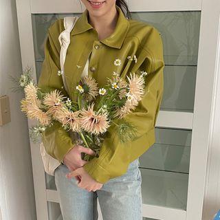 Plain Faux Leather Button-up Oversize Jacket