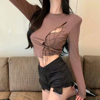 Long-sleeve Lace-up T-shirt Coffee - One Size