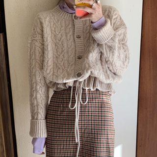 Drawstring Cable Knit Sweater / High-neck Plain Top
