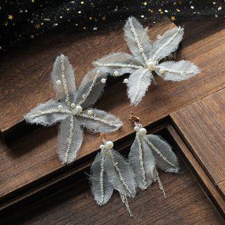 Wedding Set: Mesh Flower Hair Pin + Dangle Earring Set Of 2 - Hair Pin & 1 Pair - Dangle Earring - Clip-on Earring - As Shown In Figure - One Size