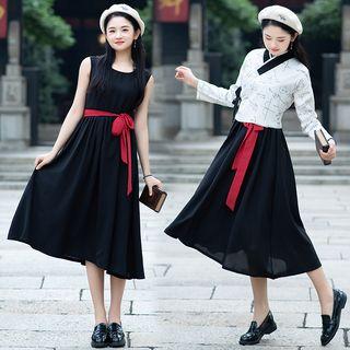 Printed Hanfu Top / Sleeveless Midi Dress / Beret