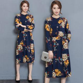 Flower Print Long-sleeve Midi A-line Dress