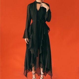 V-neck Open Back Long-sleeve Midi Dress