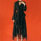 V-neck Open Back Long-sleeve Midi Dress