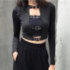 Long-sleeve Belted Crop Top Black - One Size