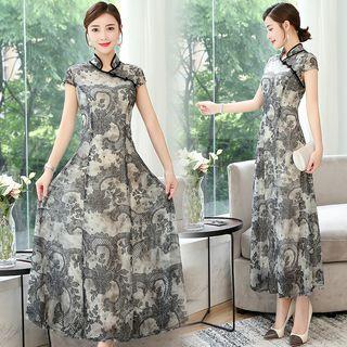 Short-sleeve Maxi Floral Qipao