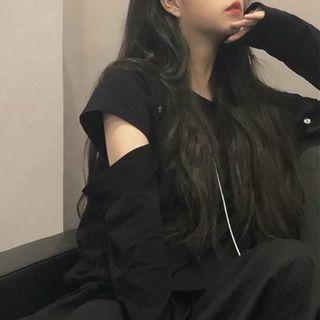 Cutout Long-sleeve T-shirt Black - One Size