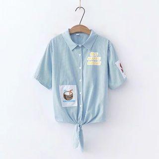 Short-sleeve Striped Printed Shirt Blue - One Size