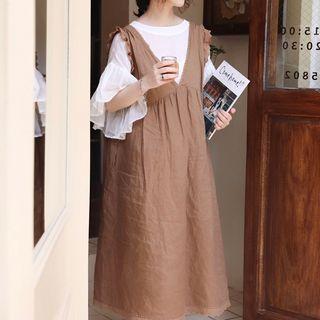 V-neck Frilled Tank Dress Caramel - One Size