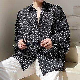 Long-sleeve Floral Loose-fit Shirt Black - One Size