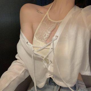 Lace Trim Camisole / V-neck Long Sleeve Lace-up Crop Top